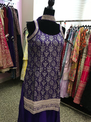 AFL2030- Banarasi silk suit come with gold Zaria work on top.Comes with sharara pant and necklace dupatta.
