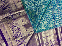 KSS451 Pure kanchipuram silk Saree in blue with purple border gold zari work.comes with stitched blouse size 40,can be altered to 44 size.