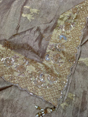 AFL8005 Pure banarasi crepe tissue saree in beige with heavy hand embroidery party wear Saree.comes with stitched blouse size 38 can be altered to 44 size.