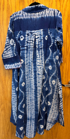 JPD018-Blue long dress with white blooming pattern and embroidered button flowers