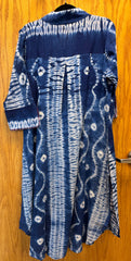 JPD018-Blue long dress with white blooming pattern and embroidered button flowers