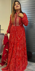 RFSS1160 - Pure Chiffon Bandhini Party Wear Gown with Embrodiery on Yoke. Comes with Soft netted Maroon Dupatta