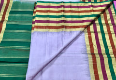 KSS414 Pure handloom kanchipuram silk Saree in purple with multi color gold zari border. Comes with stitched blouse size 40