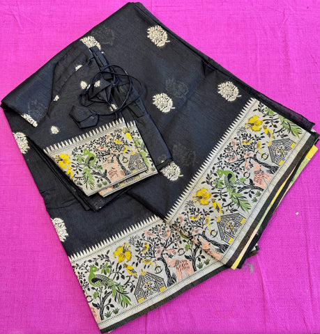 Banarasi Tussari saree in Black with paithani border.Fall peco done. Comess with stitched blouse size 38 can be altered up to 44 size.