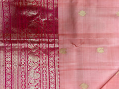 KSS453 Pure handloom kanchipuram silk Saree in pink with Rani pink gold zari border.comes with stitched blouse size 40,can be altered to 44 size.