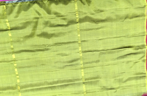 KSS458 Pure handloom kanchipuram silk Saree in gray with maroon and green border.comes with stitched blouse size 40,can be altered to 44 size.