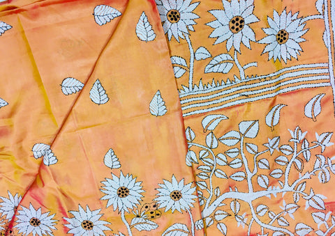 KSN213 Semi Silk Kantha Tusser Saree in yellow. Comes with stitched Blouse.