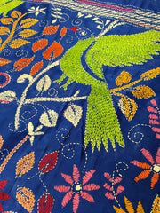 KSN210 Semi Silk nakshi kantha saree in blue with multi color.Come with stitched blouse. Fall peco done.