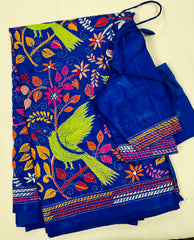KSN210 Semi Silk nakshi kantha saree in blue with multi color.Come with stitched blouse. Fall peco done.
