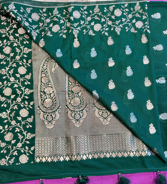 semi silk banarasi Saree in Bottle Green with Gold Zari Border.Fall peco done. Comess  with stitched blouse size 38 can be altered up to 44