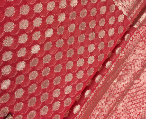 BKS140 Cotton Banarasi Saree in red. Comes with stitched blouse size 38 can be altered to size 42. Fall peco done.