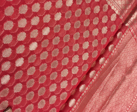 BKS140 Cotton Banarasi Saree in red. Comes with stitched blouse size 38 can be altered to size 42. Fall peco done.