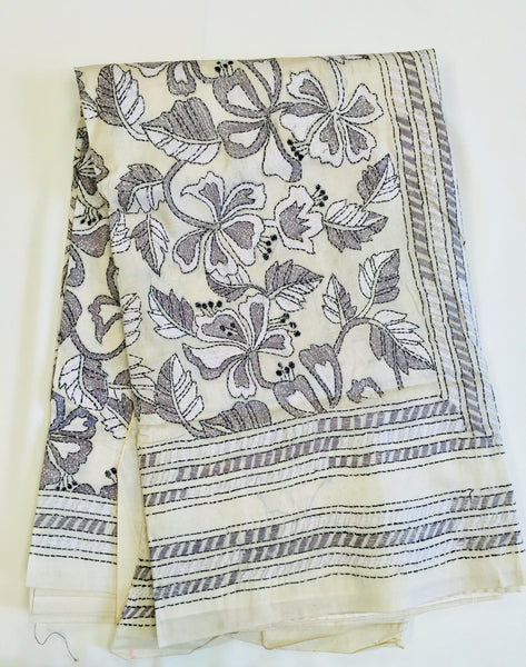 KSN218 Pure Silk Kantha Tussar Saree in beige. Comes with stitched blouse. Fall peco done.