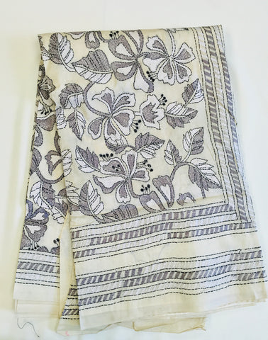 KSN218 Pure Silk Kantha Tussar Saree in beige. Comes with stitched blouse. Fall peco done.