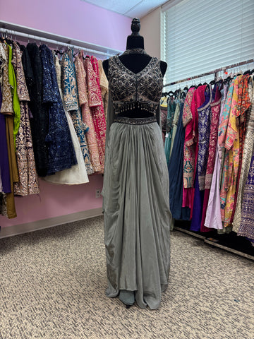 AFL2020- Grey beautiful bead work blouse with dhoti skirt and dupatta