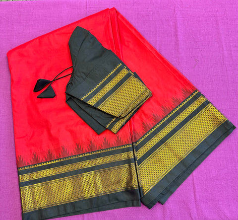 Korvai silk cotton saree in red with Black  border.Fall peco done. Comes with stitched blouse size 38 can be altered up to 44 size.
