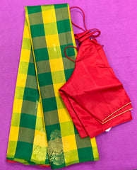 KSS427 Pure handloom kanchipuram silk Saree in green and yellow checkered with gold zari.comes with stitched blouse size 40,can be altered to 44 size.