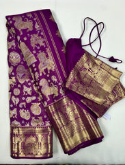 KSS516 - Pure kanchipuram handloom silk Saree in purple with gold zari border. Comes with stitched blouse size.