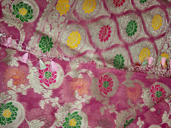 BKS114 Banarasi Georgette saree in pink. Comes with stitched blouse size 38 can be altered to size 42. Fall peco done.