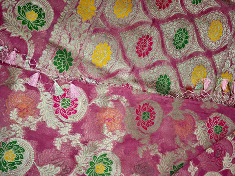 BKS114 Banarasi Georgette saree in pink. Comes with stitched blouse size 38 can be altered to size 42. Fall peco done.