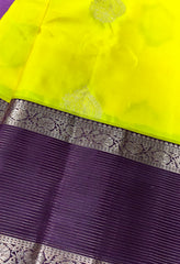 KSS413 Pure handloom kanchipuram silk Saree in yellow with brown gold zari border.comes with stitched blouse size 40,can be altered to 44 size.