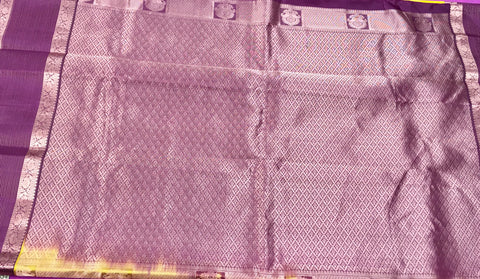 KSS413 Pure handloom kanchipuram silk Saree in yellow with brown gold zari border.comes with stitched blouse size 40,can be altered to 44 size.