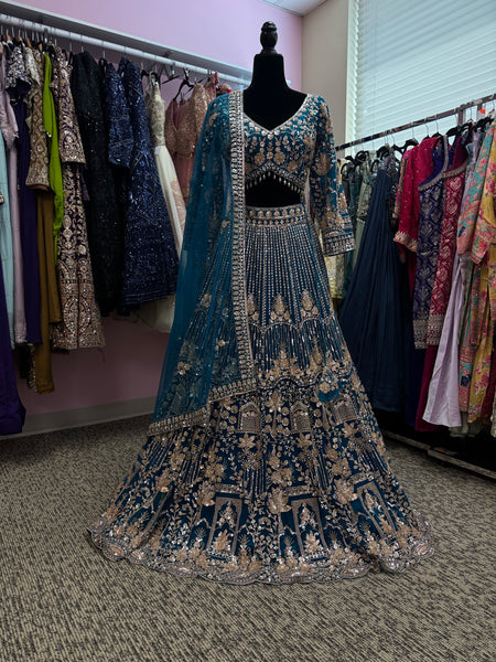 AFL2003- Teal blue Heavy lehenga with bead and sequin work. Comes with dupatta