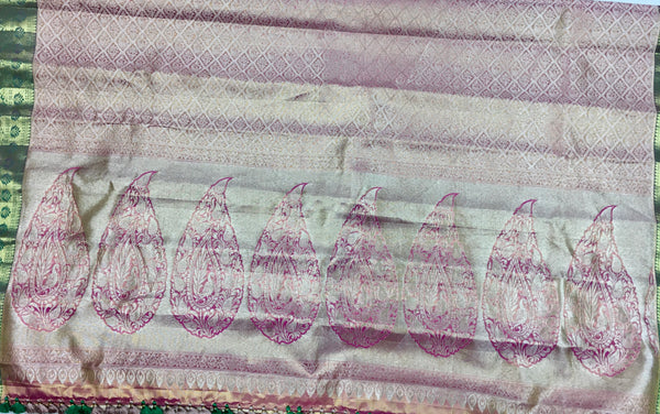 KSS512 Pure kanchipuram tissue silk Saree in pink with green color gold zari border. comes with stitched blouse size 40,can be altered to 44 size.
