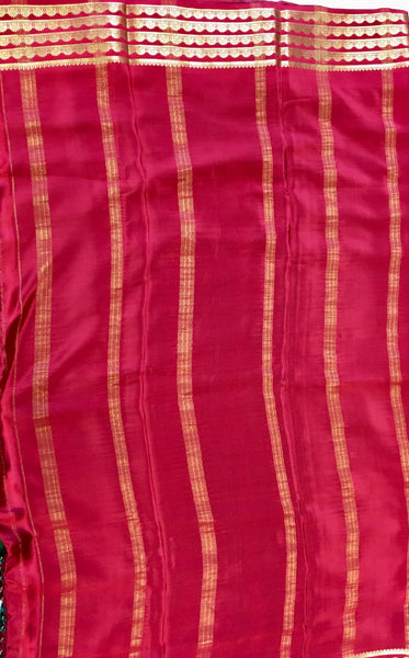 AMS1016 Pure Mysore Crepe silk Saree in blue color with red gold zari border. Comes with unstitched blouse.
