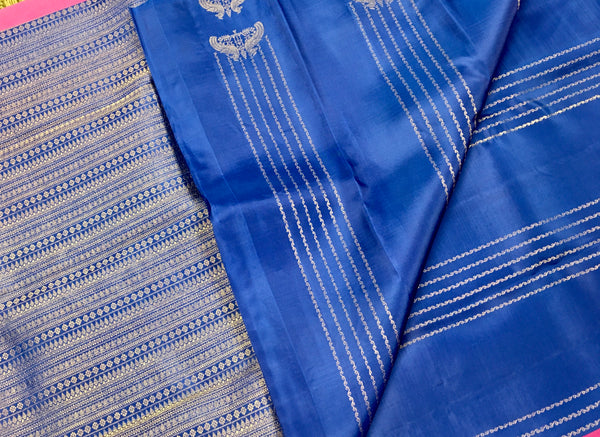 KSS436 Pure handloom kanchipuram silk Saree in  blue with gold zari border.comes with stitched blouse size 40,can be altered to 44 size.