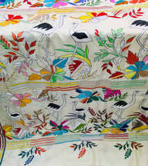 KSN216 Semi Silk Kantha Tusser Saree in beige. Comes with stitched Blouse. Fall peco done.