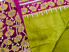 KSN228 Pure Silk Kantha Tussar Saree in green. Comes with stitched blouse. Fall peco done.