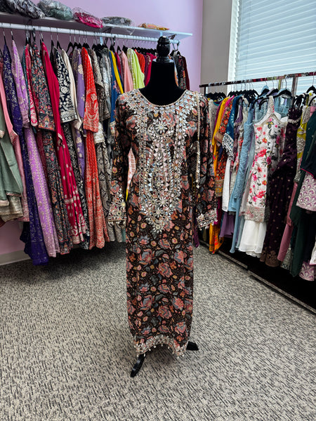 Pnk432: White, Blue, and Brown Long Kurti Gowns  and Potli