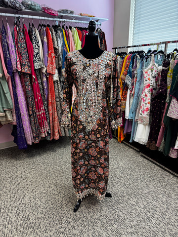Pnk432: White, Blue, and Brown Long Kurti Gowns  and Potli