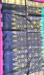 Pure kanchipuram Handloom Silk Saree in Blue with Dark Blue Zari border. Comes with Stitched Blouse size 38 can be altered up to 44