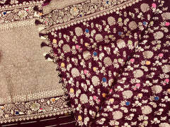 BKS108 Banarasi Georgette saree in brown. Come with stitched blouse size 38 can be altered to size 42. Fall peco done.