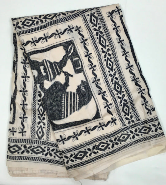 KSN220 Pure Silk Kantha Tussar Saree in Beige. Comes with stitched blouse.Fall peco done.