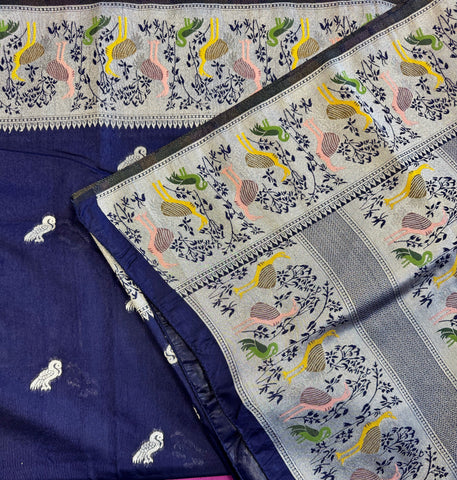 Banarasi Tussari  Saree in Blue with Zari Border. Comes with stitched blouse size 38 can be altered up to 44