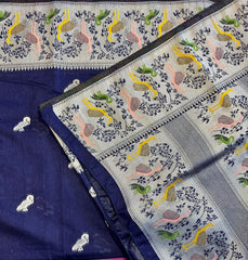 Banarasi Tussari  Saree in Blue with Zari Border. Comes with stitched blouse size 38 can be altered up to 44
