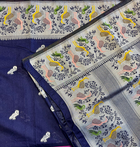 Banarasi Tussari  Saree in Blue with Zari Border. Comess with stitched blouse size 38 can be altered up to 44