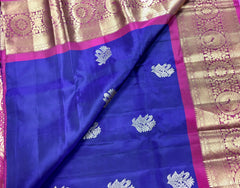 KSS440 Pure handloom kanchipuram silk Saree in purple with pink gold zari border.comes with stitched blouse size 40,can be altered to 44 size.