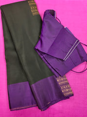 KSS438 kanchipuram silk Saree in black with purple gold zari border.comes with stitched blouse size 40,can be altered to 44 size.