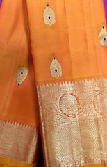 KSS434 Pure handloom kanchipuram silk Saree in yellow with gold zari border. Comes with stitched blouse size 40