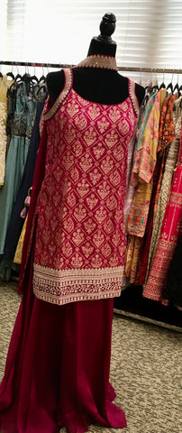 AFL2031- Banarasi silk suit come with gold Zaria work on top.Comes with sharara pant and necklace dupatta.