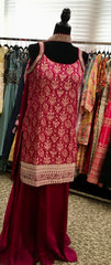 AFL2031- Banarasi silk suit come with gold Zaria work on top.Comes with sharara pant and necklace dupatta.