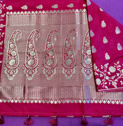 semi silk banarasi Saree in Rani Pink  with Gold  Zari Border.Fall peco done. Comess with stitched blouse size 38 can be altered up to 44