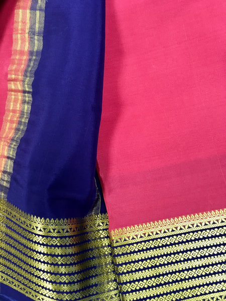 AMS1002 Pure Mysore Crepe silk Saree in pink with purple gold zari border. Comes with unstitched blouse.