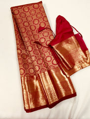 KSS502 Pure kanchipuram handloom  silk Saree in red color with gold zari border. comes with stitched blouse size 40,can be altered to 44 size.