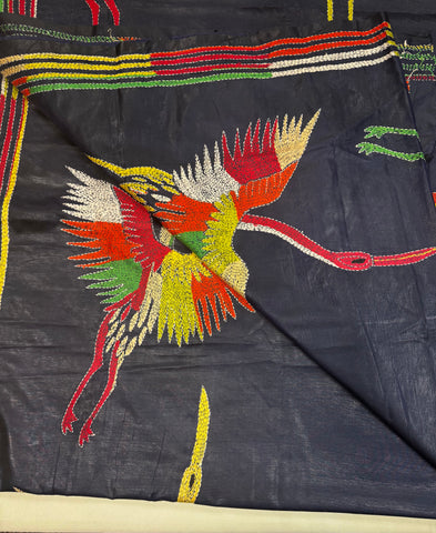 KSN205: Semi Silk Kantha Tusser Saree in blue hand work design. Fall Peco done. Comes with stitched Blouse size 38 it can be altered to 44 size.