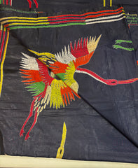 KSN205: Semi Silk Kantha Tusser Saree in blue hand work design. Fall Peco done. Comes with stitched Blouse size 38 it can be altered to 44 size.
